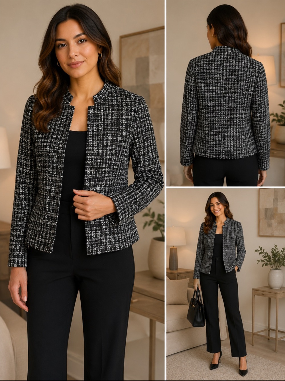 Elleven Black White Tweed Jacket NWT Size L Structured Blazer